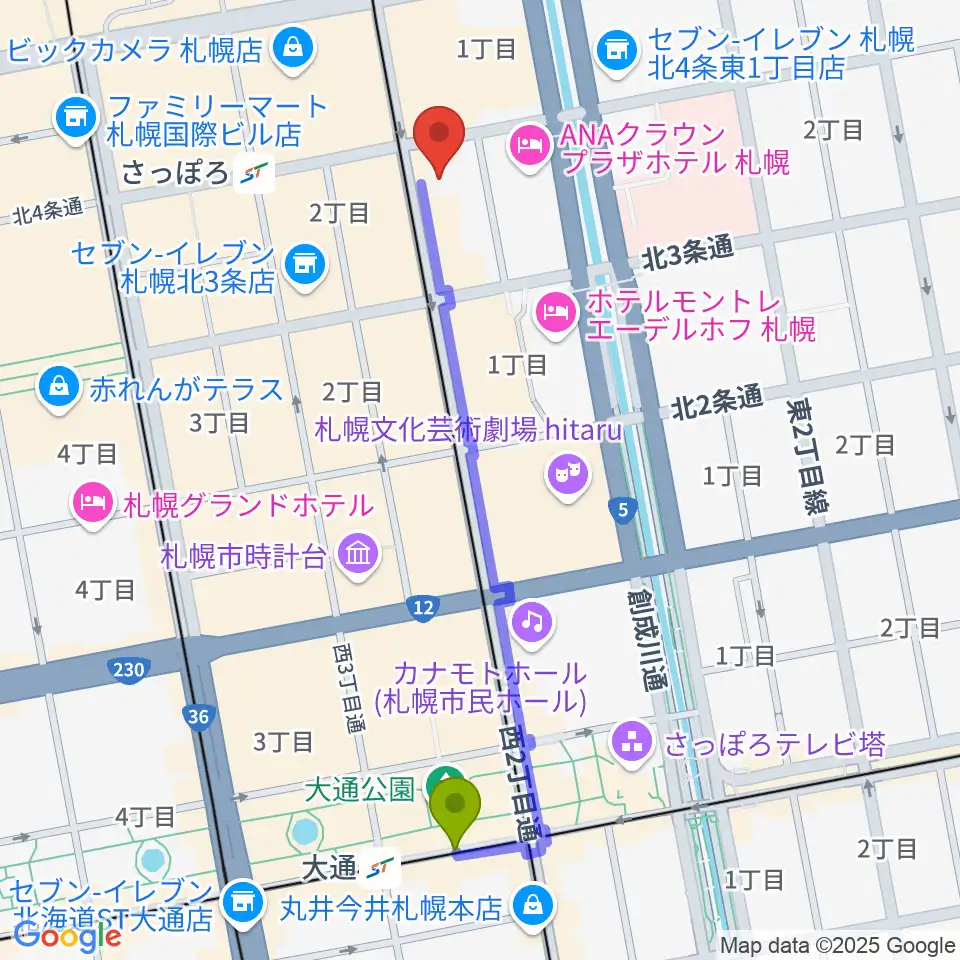 大通駅からカワイ札幌へのルートマップ地図