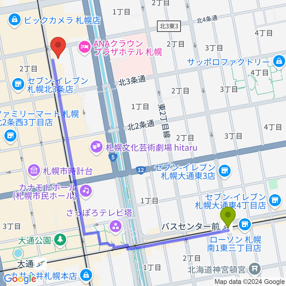 バスセンター前駅からカワイ札幌へのルートマップ地図