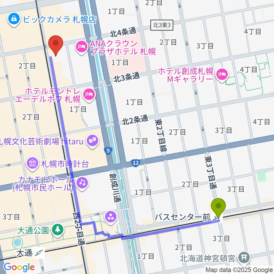 バスセンター前駅からカワイ札幌へのルートマップ地図