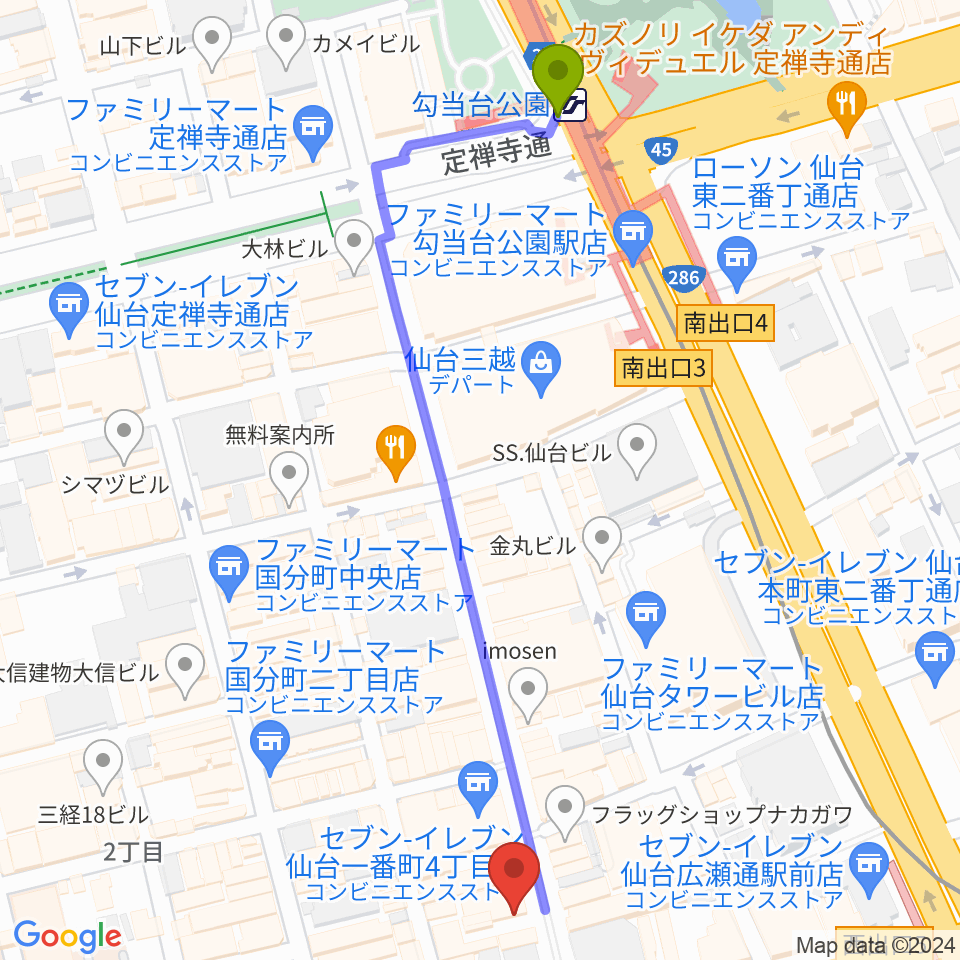 勾当台公園駅からカワイ仙台へのルートマップ地図