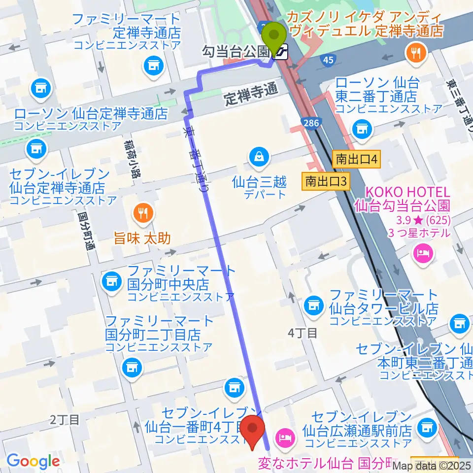 勾当台公園駅からカワイ仙台へのルートマップ地図