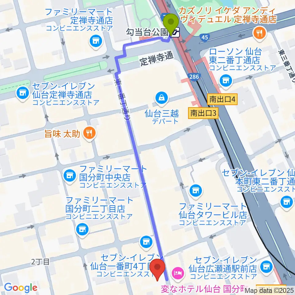 勾当台公園駅からカワイ仙台へのルートマップ地図