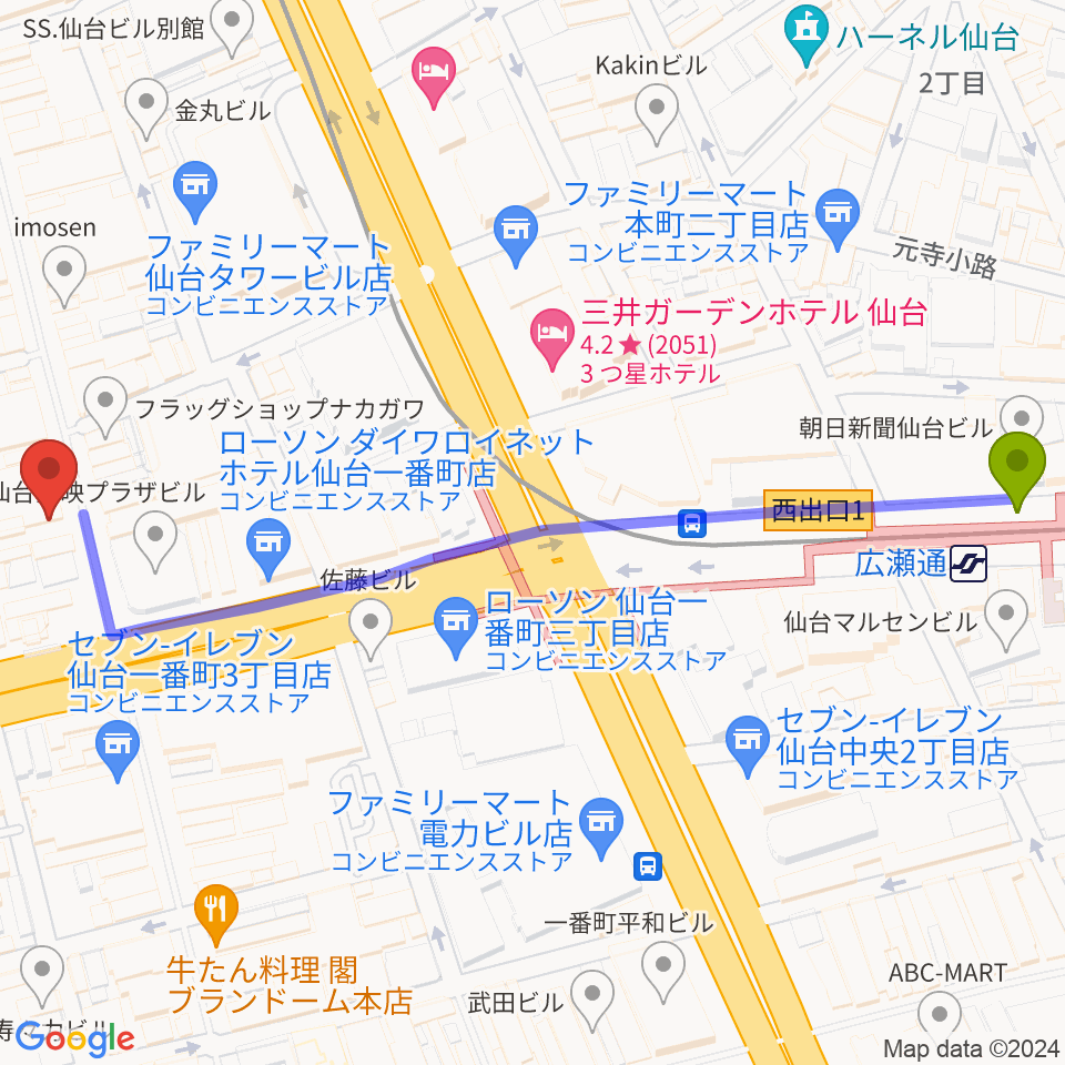 広瀬通駅からカワイ仙台へのルートマップ地図