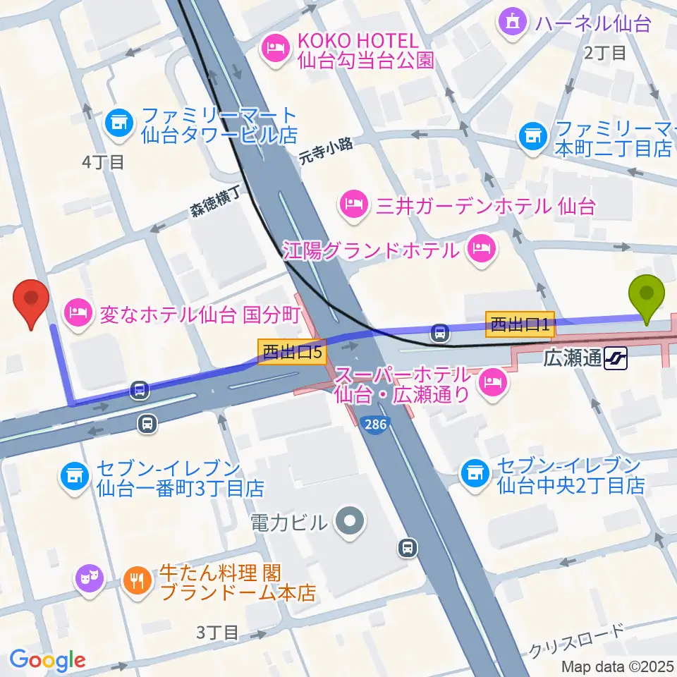 広瀬通駅からカワイ仙台へのルートマップ地図