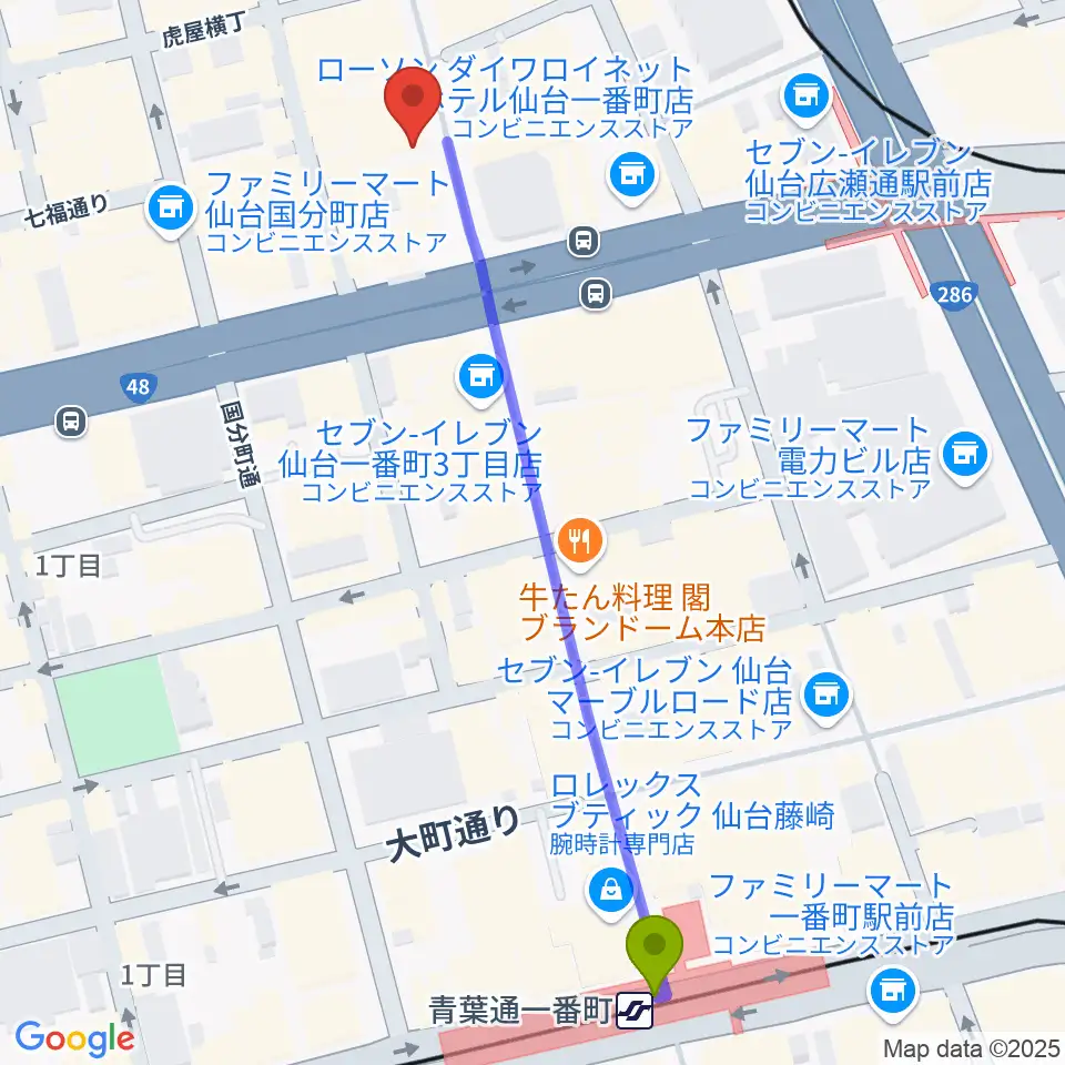 カワイ仙台の最寄駅青葉通一番町駅からの徒歩ルート（約6分）地図