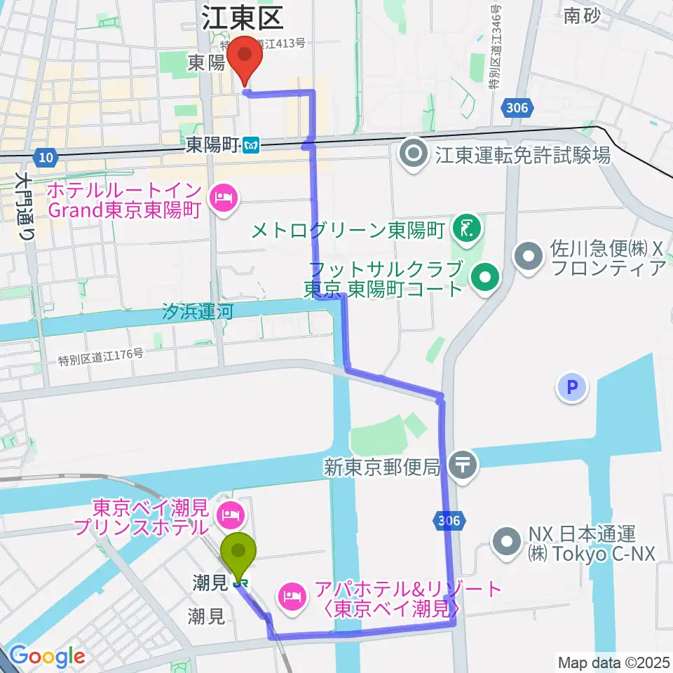 潮見駅からビュッフェ・クランポン・ジャパンへのルートマップ地図