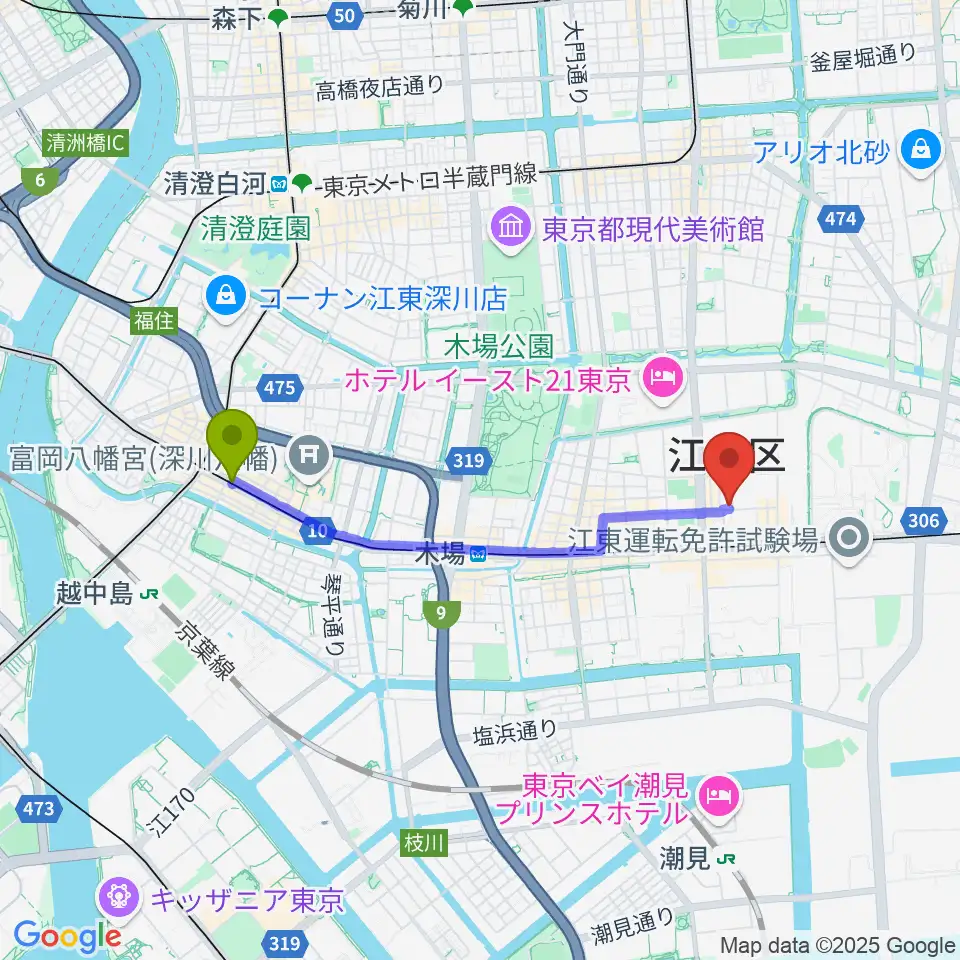 門前仲町駅からビュッフェ・クランポン・ジャパンへのルートマップ地図