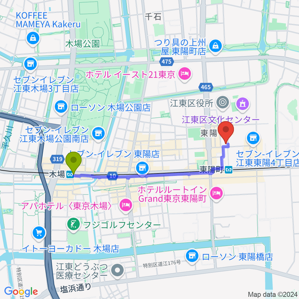 木場駅からビュッフェ・クランポン・ジャパン東京ショールームへのルートマップ地図