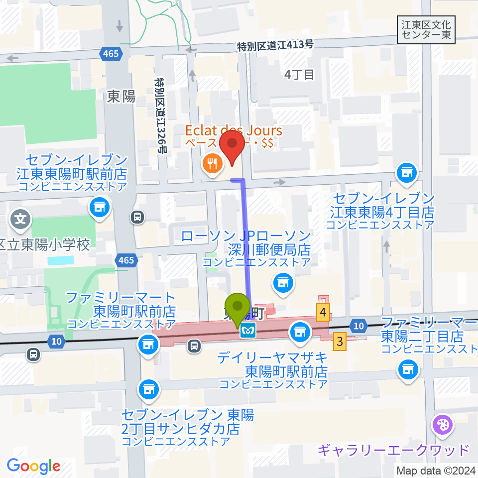 ビュッフェ・クランポン・ジャパン東京ショールームの最寄駅東陽町駅からの徒歩ルート（約3分）地図