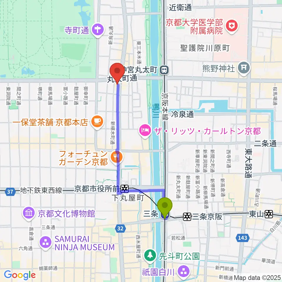 三条駅からティンカーベルミュージックスクールへのルートマップ地図