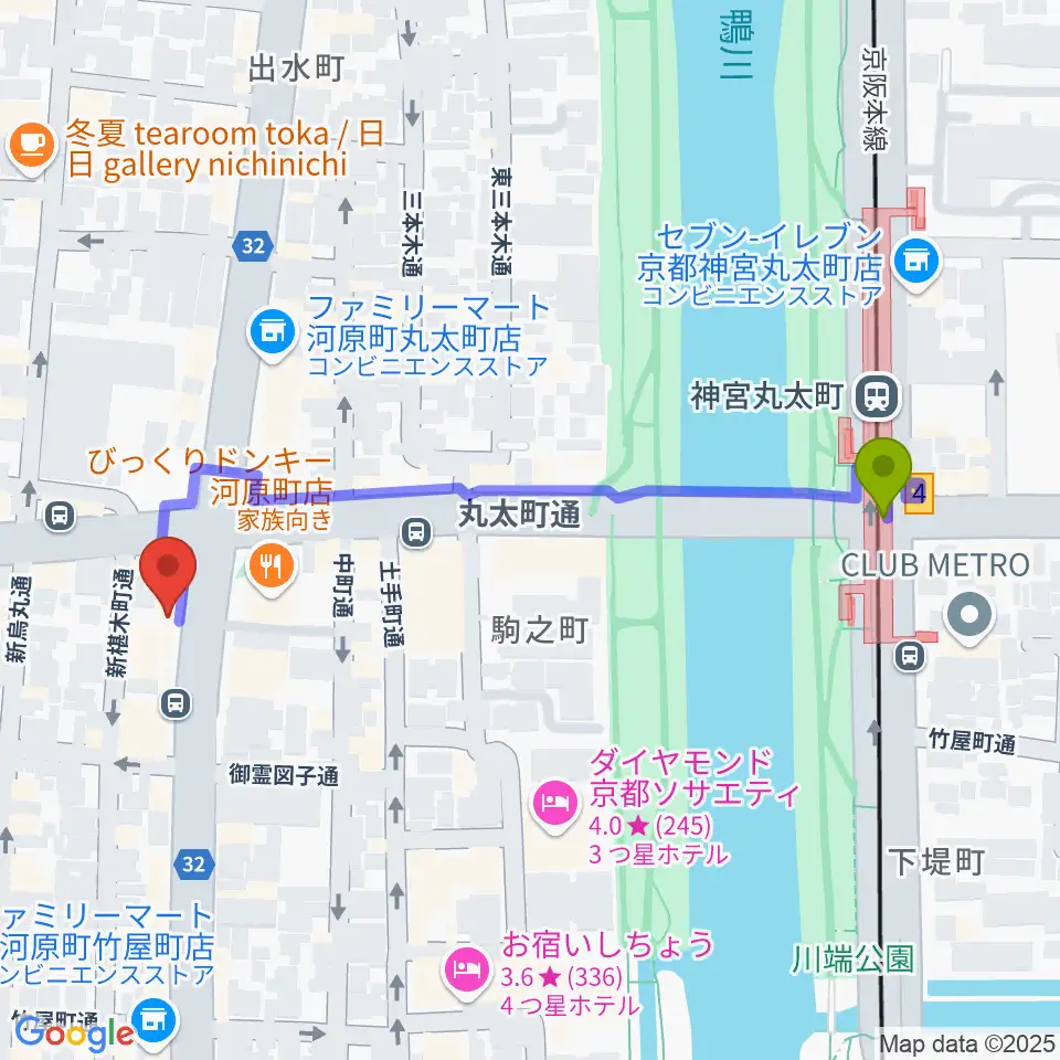 ティンカーベルミュージックスクールの最寄駅神宮丸太町駅からの徒歩ルート（約5分）地図