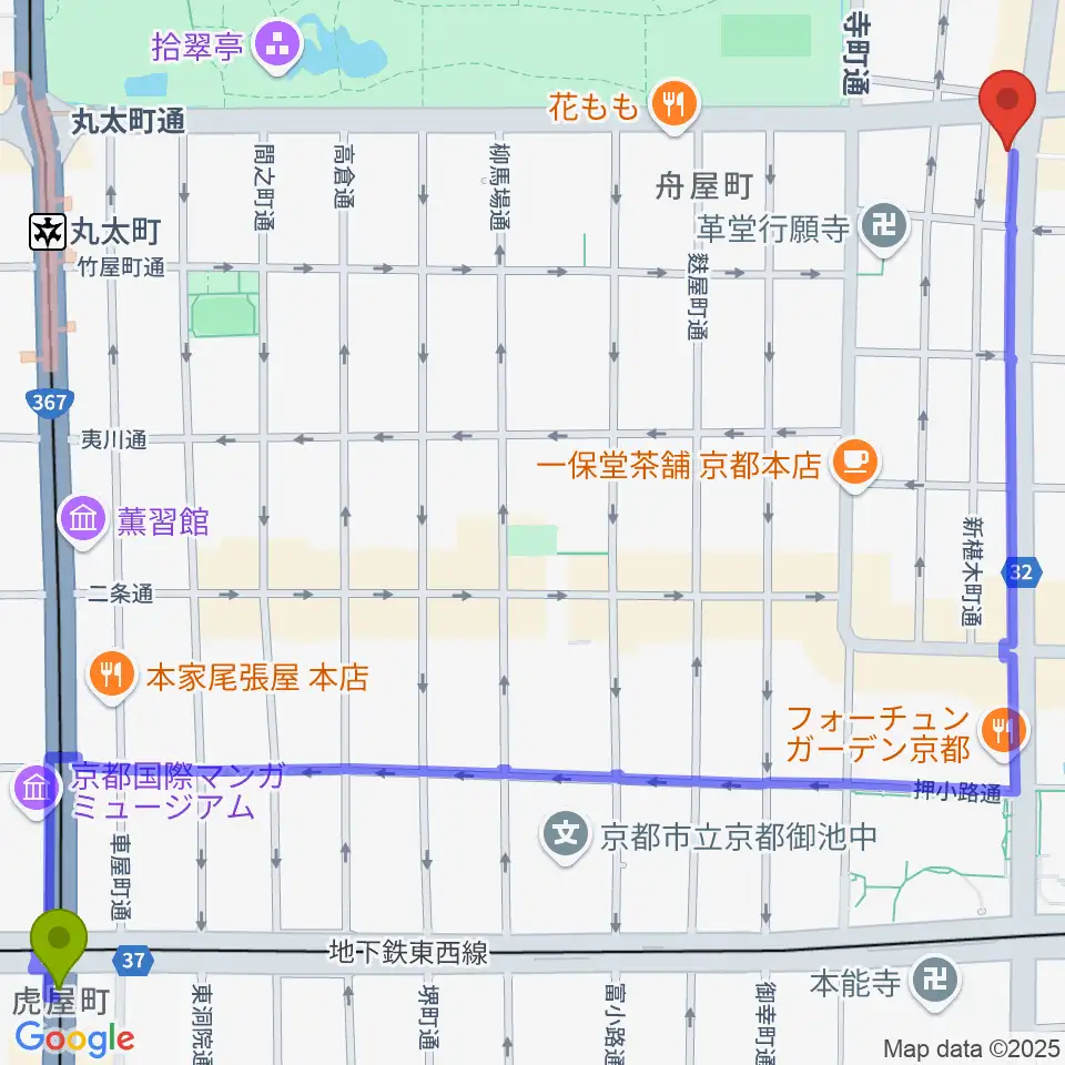 烏丸御池駅からティンカーベルミュージックスクールへのルートマップ地図