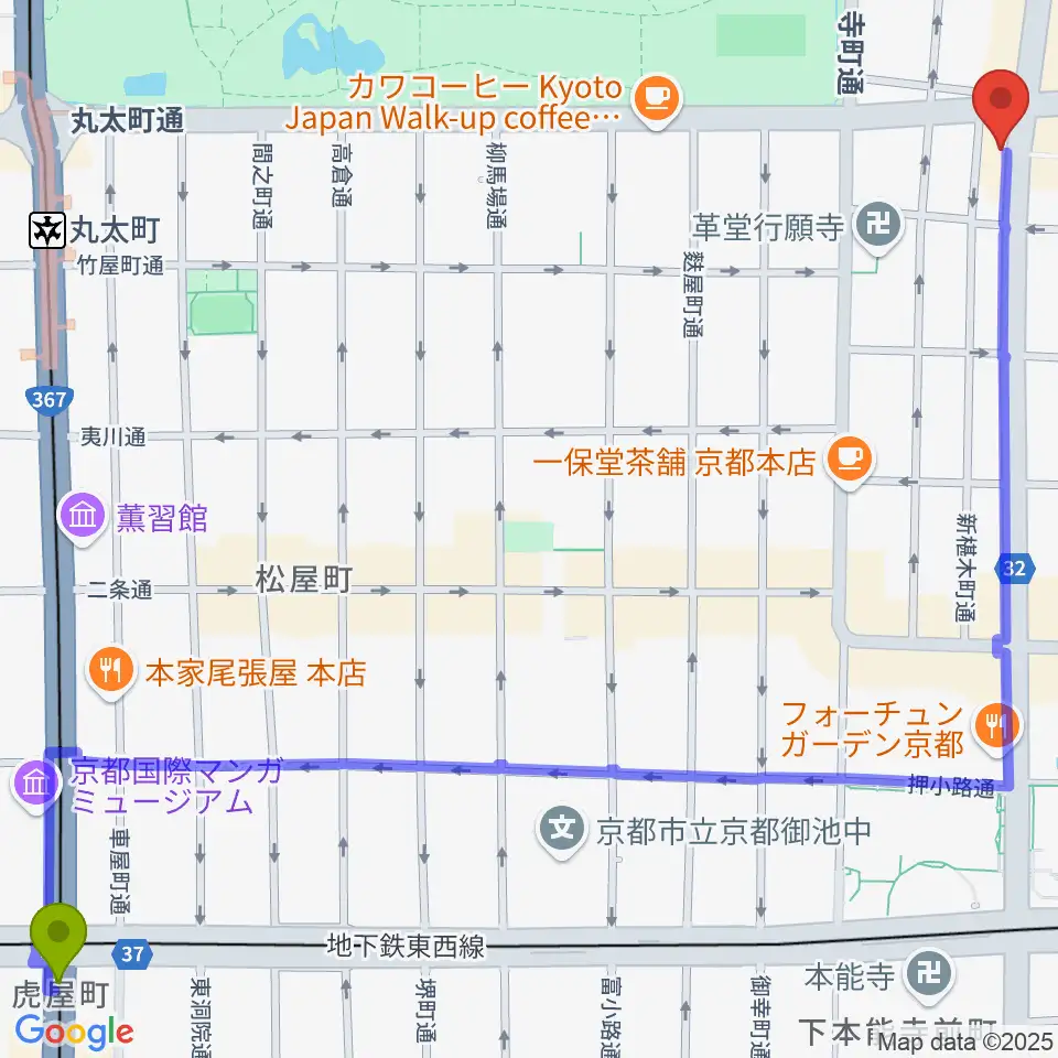烏丸御池駅からティンカーベルミュージックスクールへのルートマップ地図