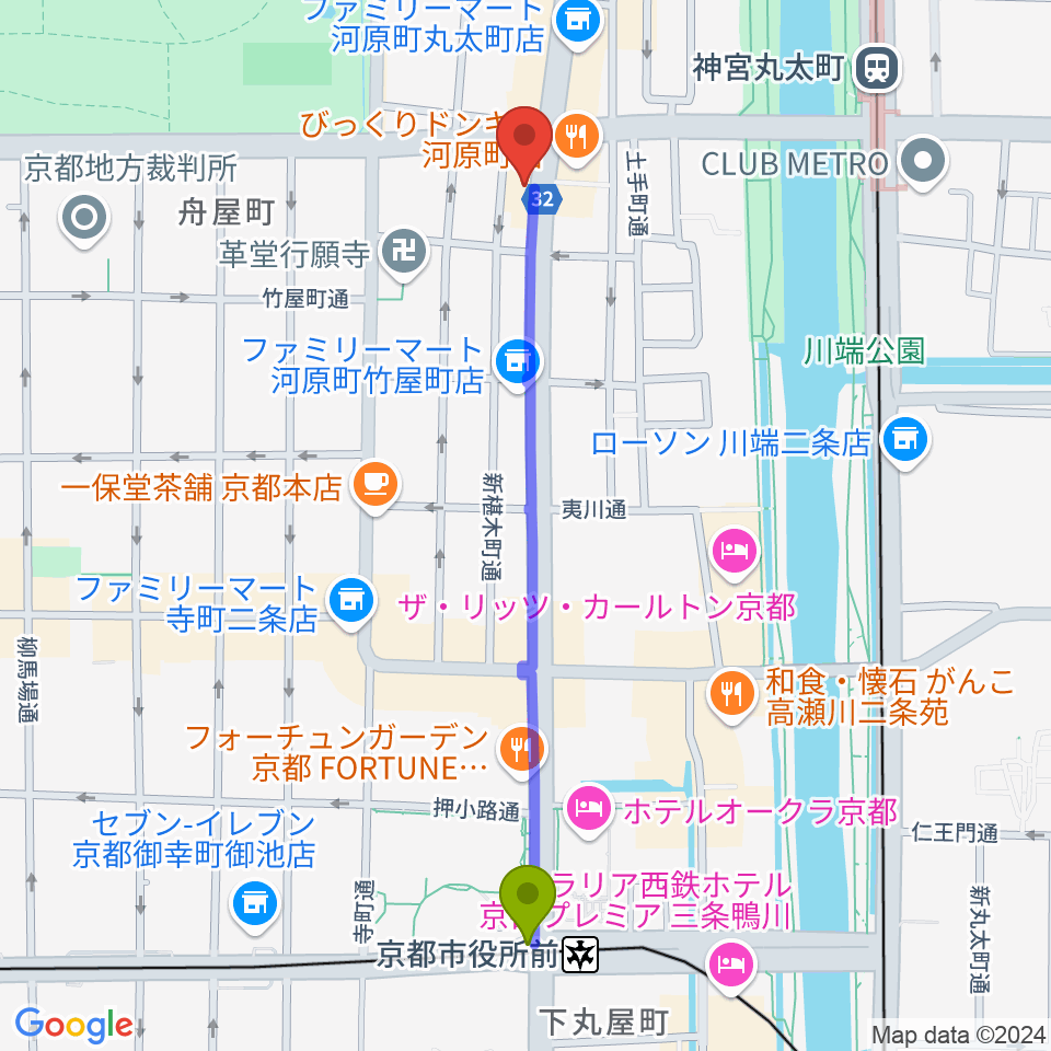 京都市役所前駅からティンカーベル・ミュージックスクールへのルートマップ地図