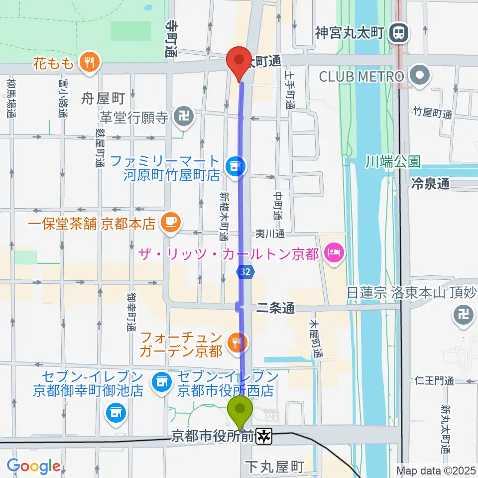 京都市役所前駅からティンカーベルミュージックスクールへのルートマップ地図