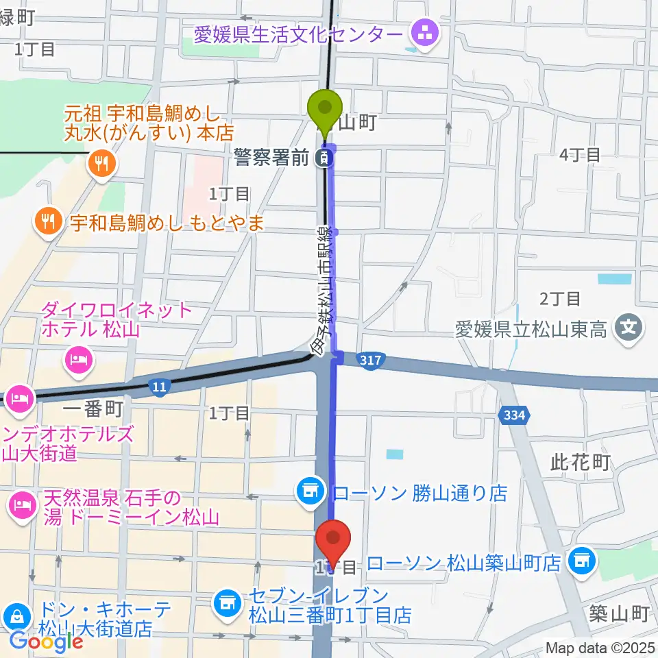 警察署前駅から松村バイオリン教室へのルートマップ地図