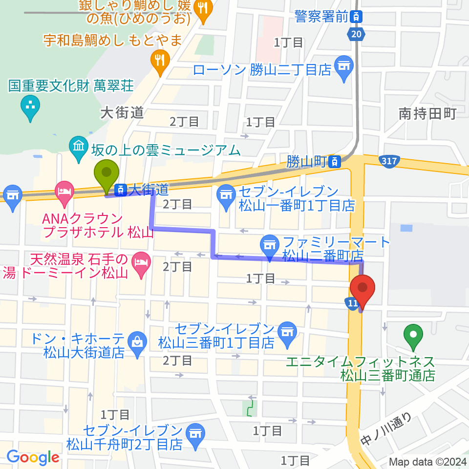 大街道駅から松村バイオリン教室へのルートマップ地図