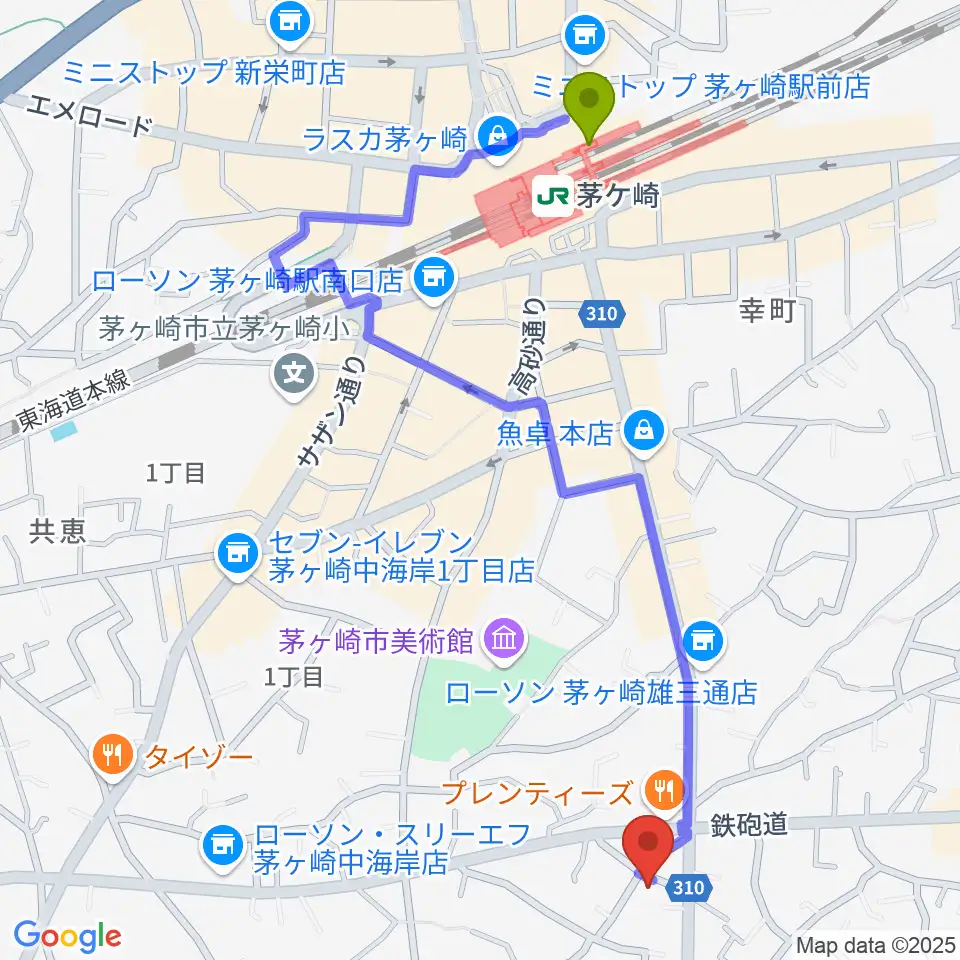 クリップエンジニアリングの最寄駅茅ケ崎駅からの徒歩ルート（約12分）地図