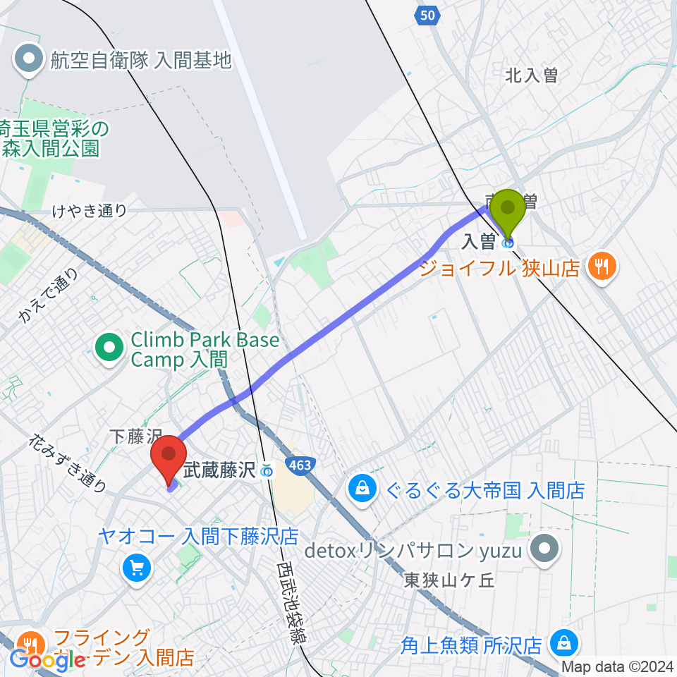 入曽駅から音楽教室ワンダートーンへのルートマップ地図