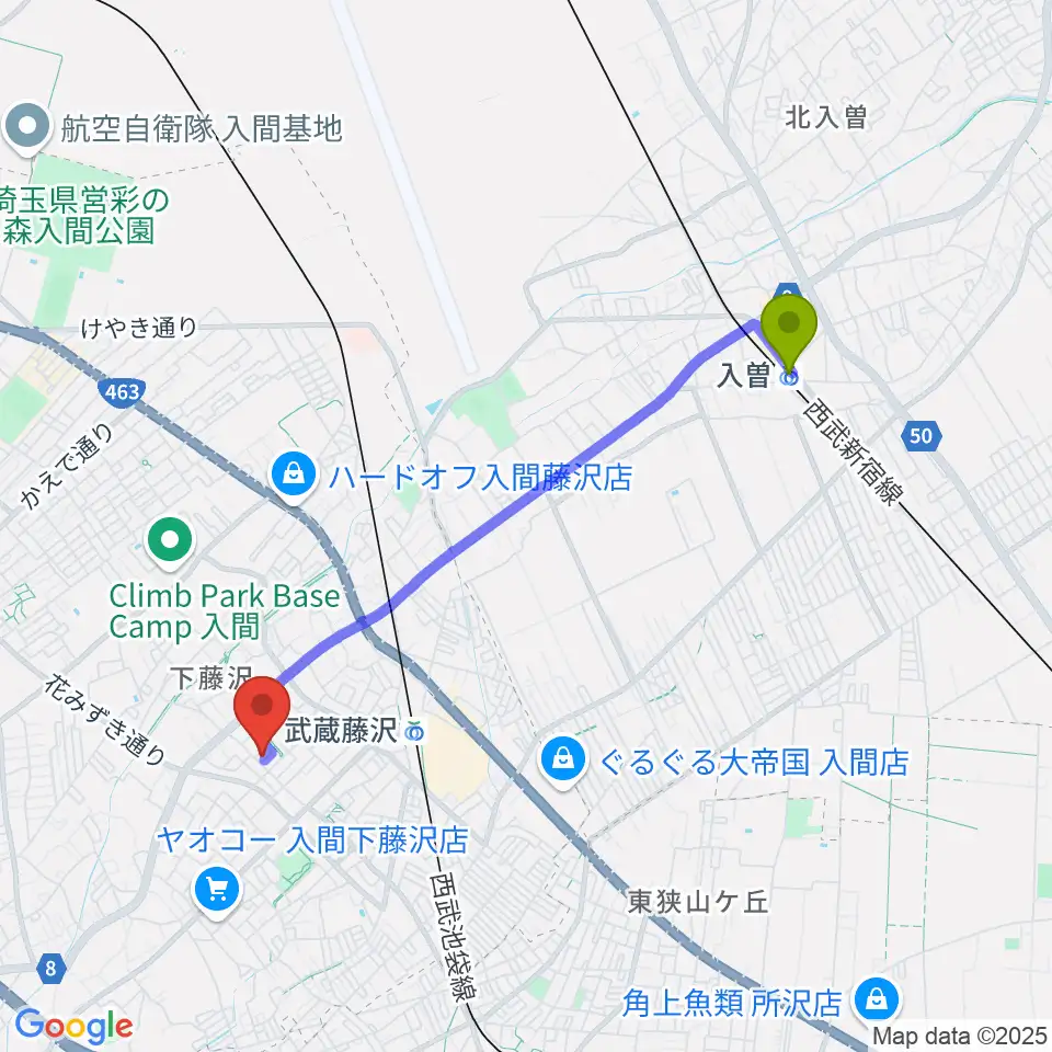 入曽駅から音楽教室ワンダートーンへのルートマップ地図