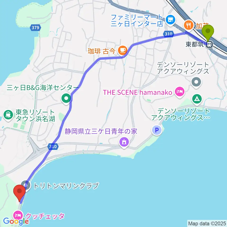 東都筑駅から浜名湖WATTSへのルートマップ地図