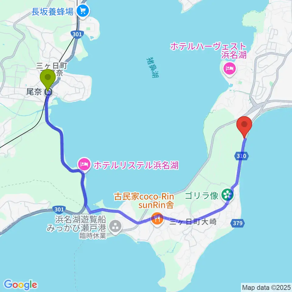 尾奈駅から浜名湖WATTSへのルートマップ地図