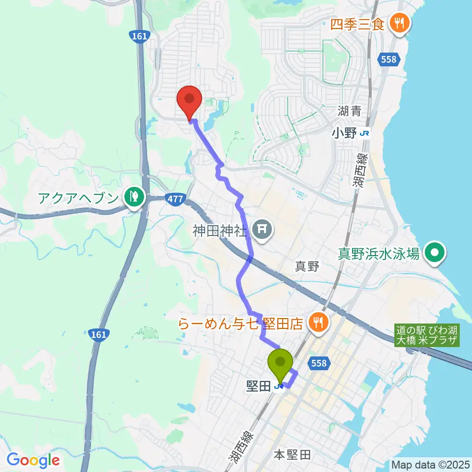 堅田駅から木のクラフトと笛 七曜工房へのルートマップ地図