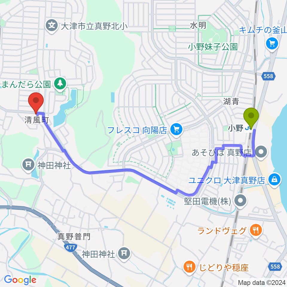 木のクラフトと笛 七曜工房の最寄駅小野駅からの徒歩ルート（約24分）地図