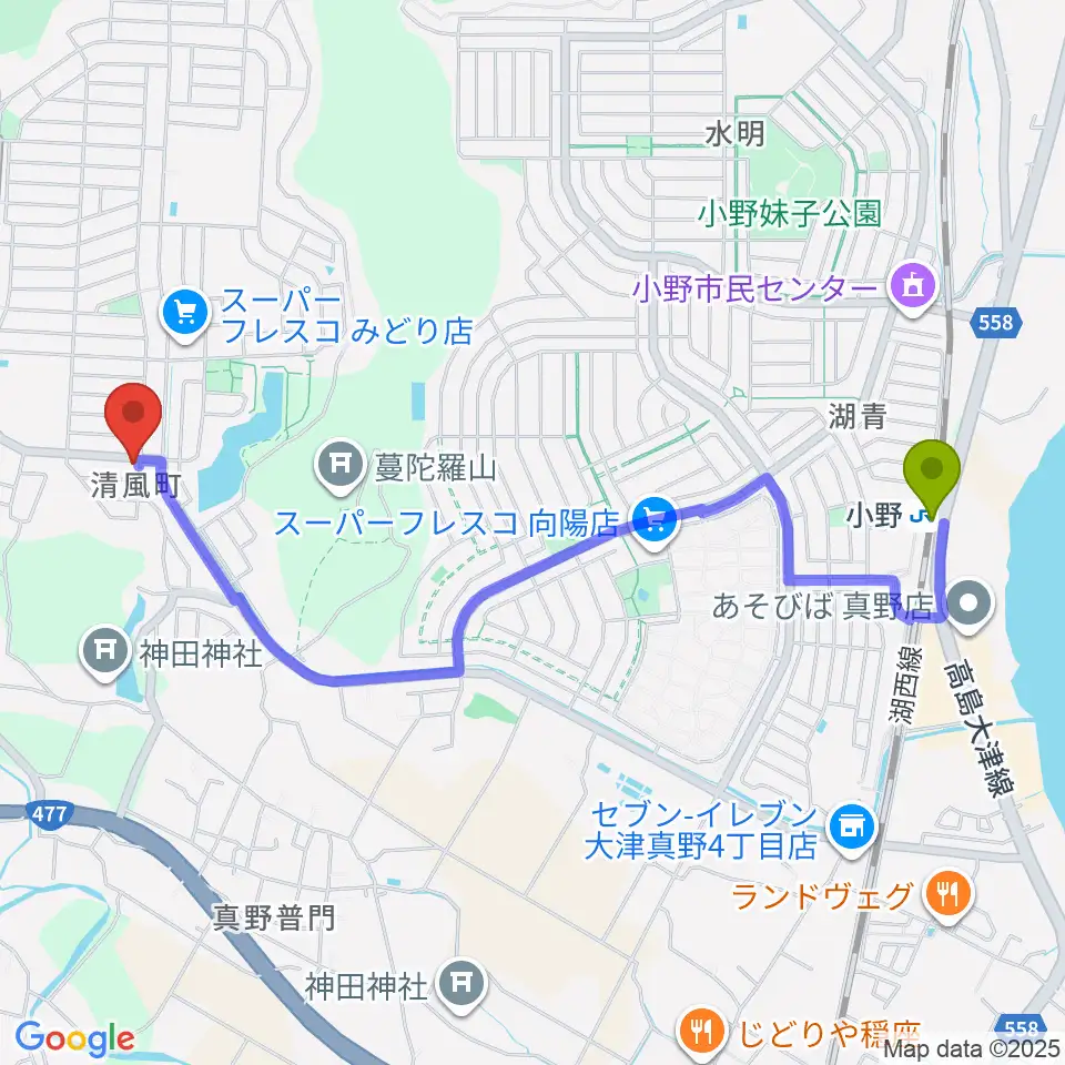 木のクラフトと笛 七曜工房の最寄駅小野駅からの徒歩ルート（約24分）地図