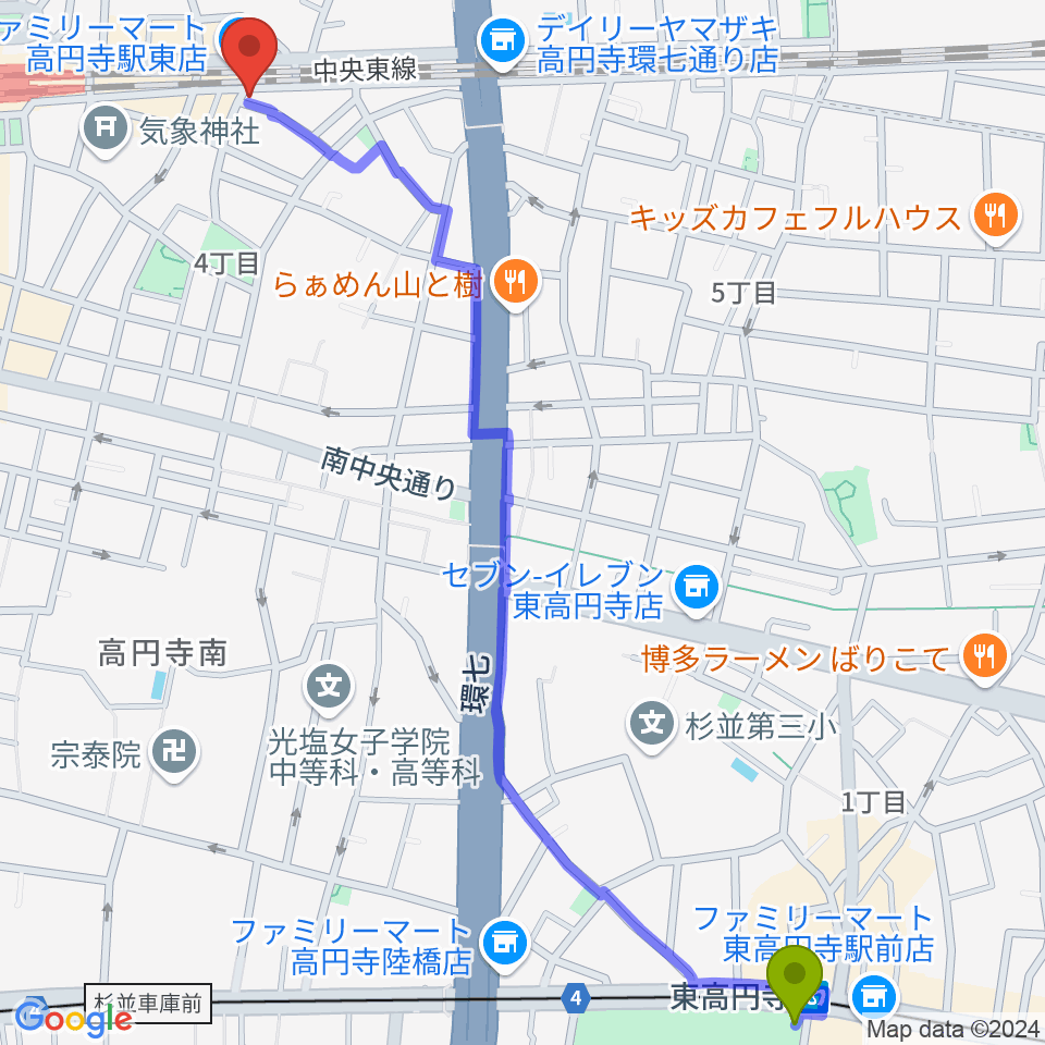 東高円寺駅からはいから和楽器教室 高円寺校へのルートマップ地図