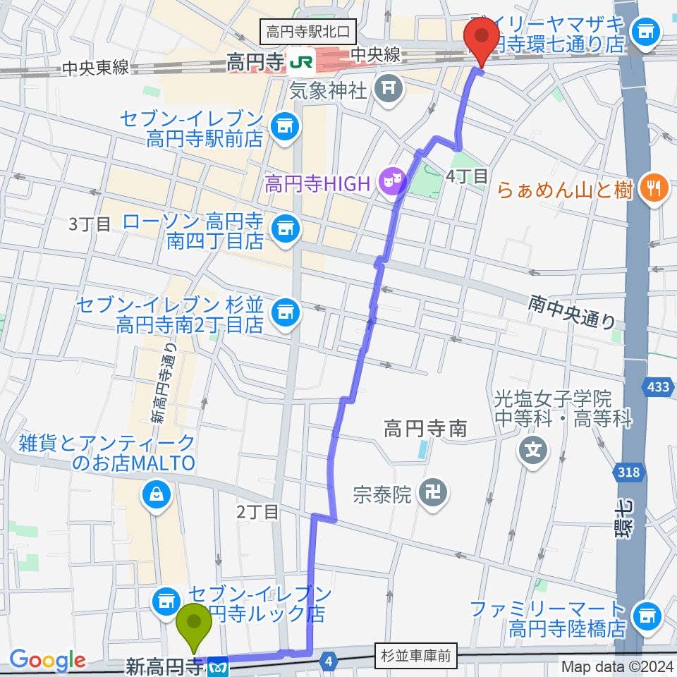 新高円寺駅からはいから和楽器教室 高円寺校へのルートマップ地図