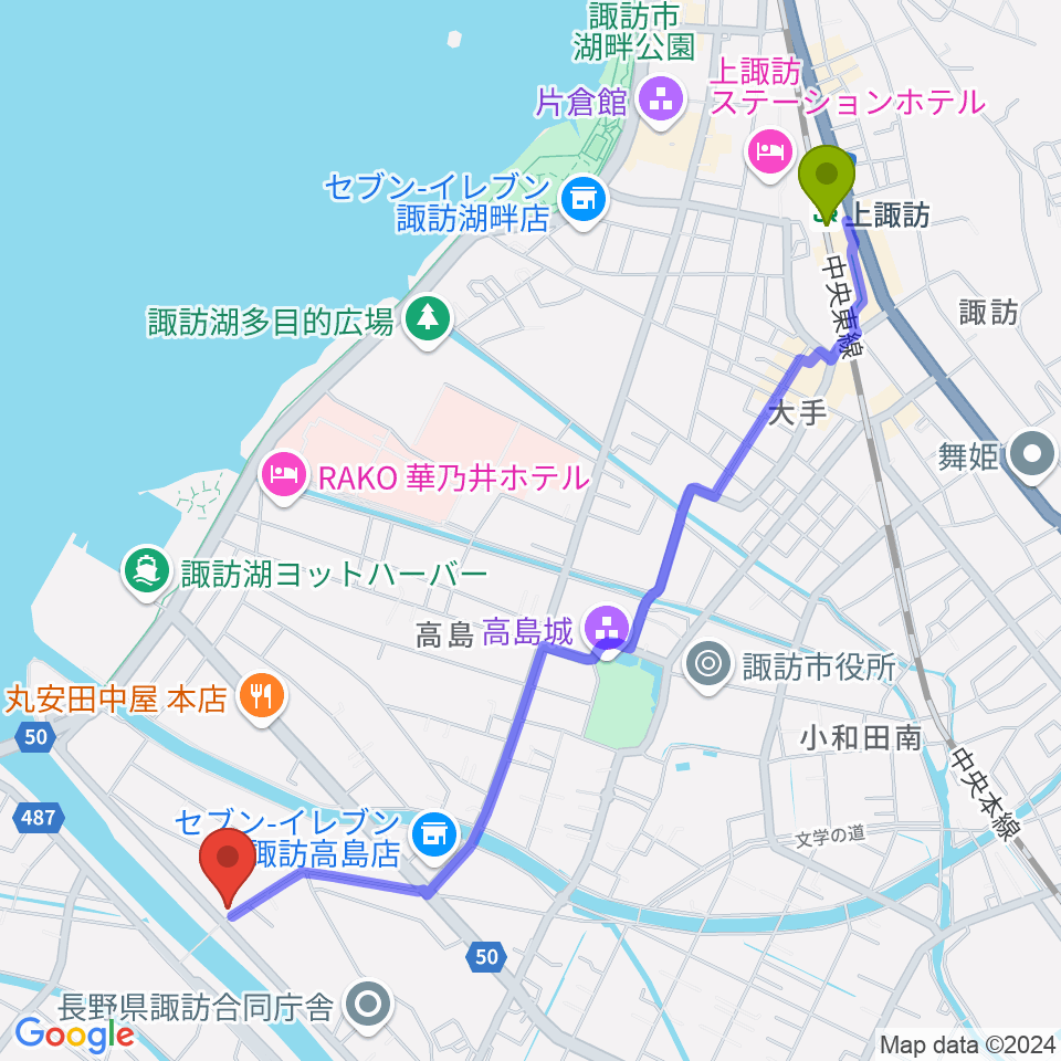 琴光堂和楽器店 諏訪店の最寄駅上諏訪駅からの徒歩ルート（約26分）地図