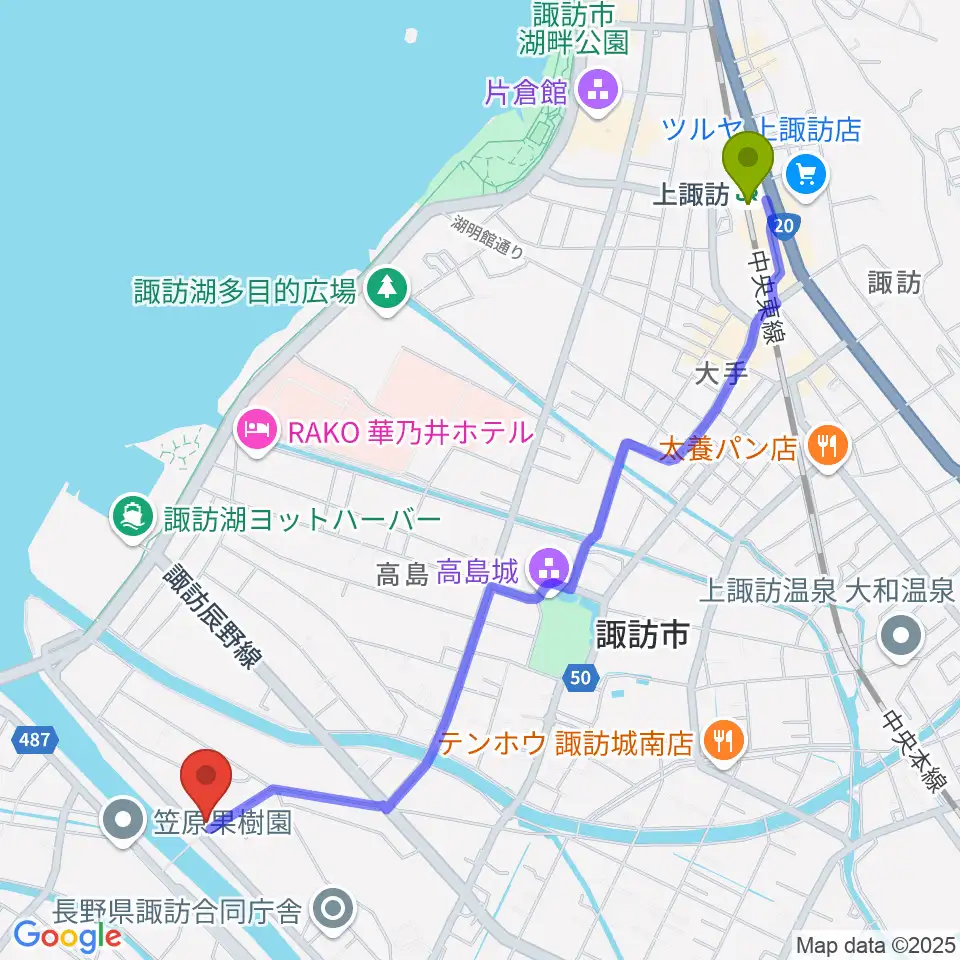 琴光堂和楽器店の最寄駅上諏訪駅からの徒歩ルート（約26分）地図
