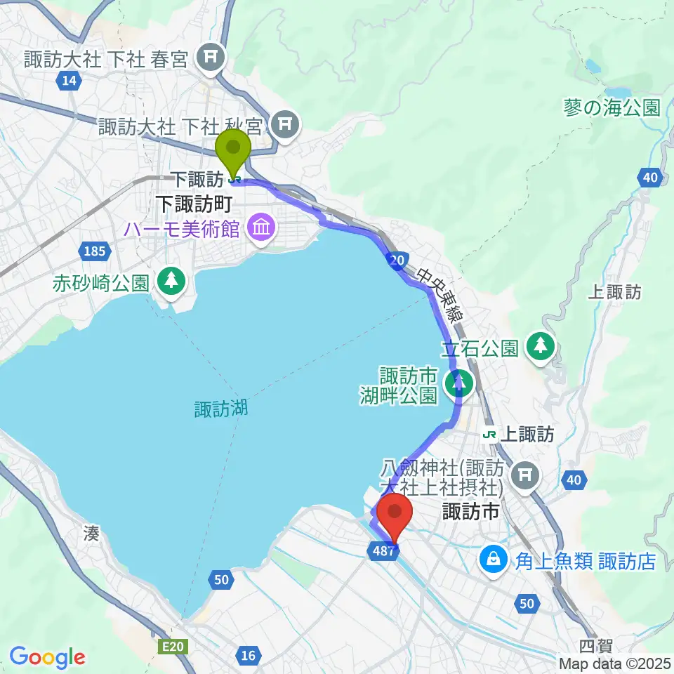 下諏訪駅から琴光堂和楽器店へのルートマップ地図