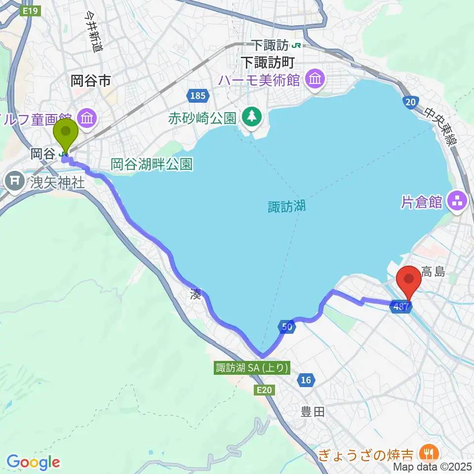岡谷駅から琴光堂和楽器店へのルートマップ地図