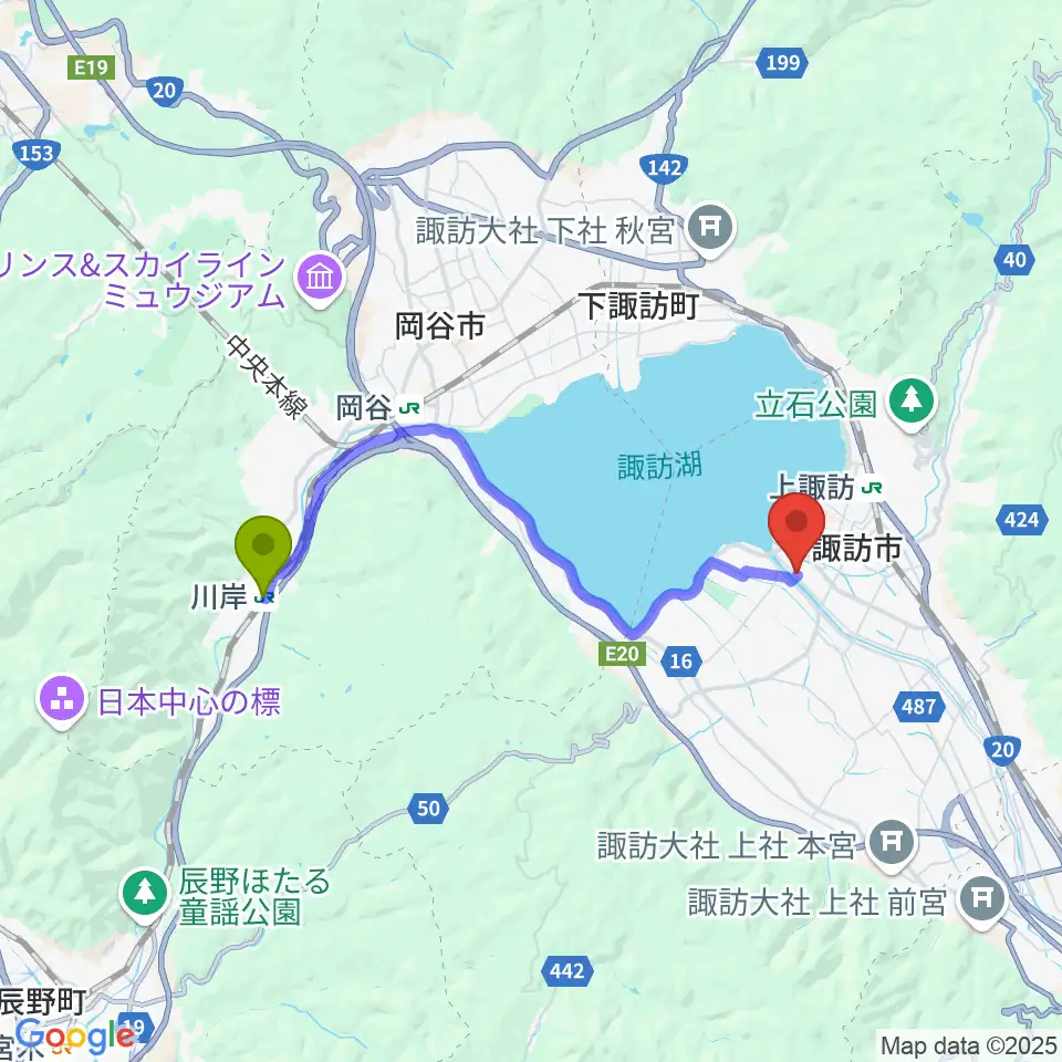 川岸駅から琴光堂和楽器店へのルートマップ地図