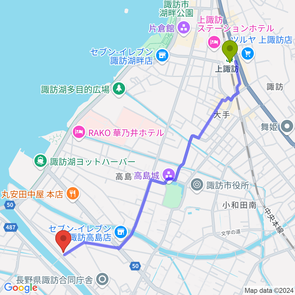 琴光堂 邦楽教室 の最寄駅上諏訪駅からの徒歩ルート（約26分）地図