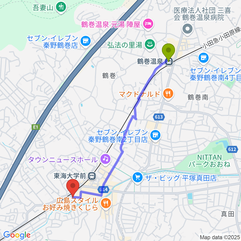 鶴巻温泉駅からHiP-Sound秦野本店 音楽教室へのルートマップ地図