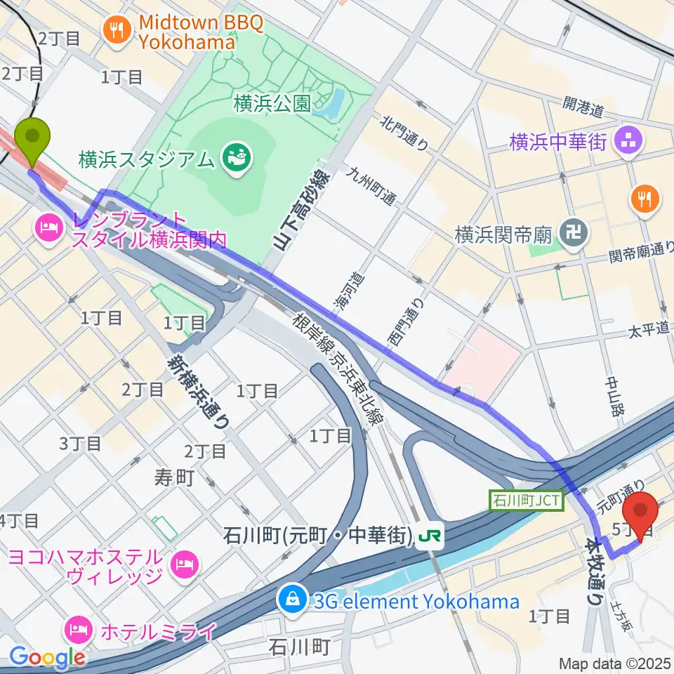 関内駅から元町弦楽器 LA CANTINAへのルートマップ地図