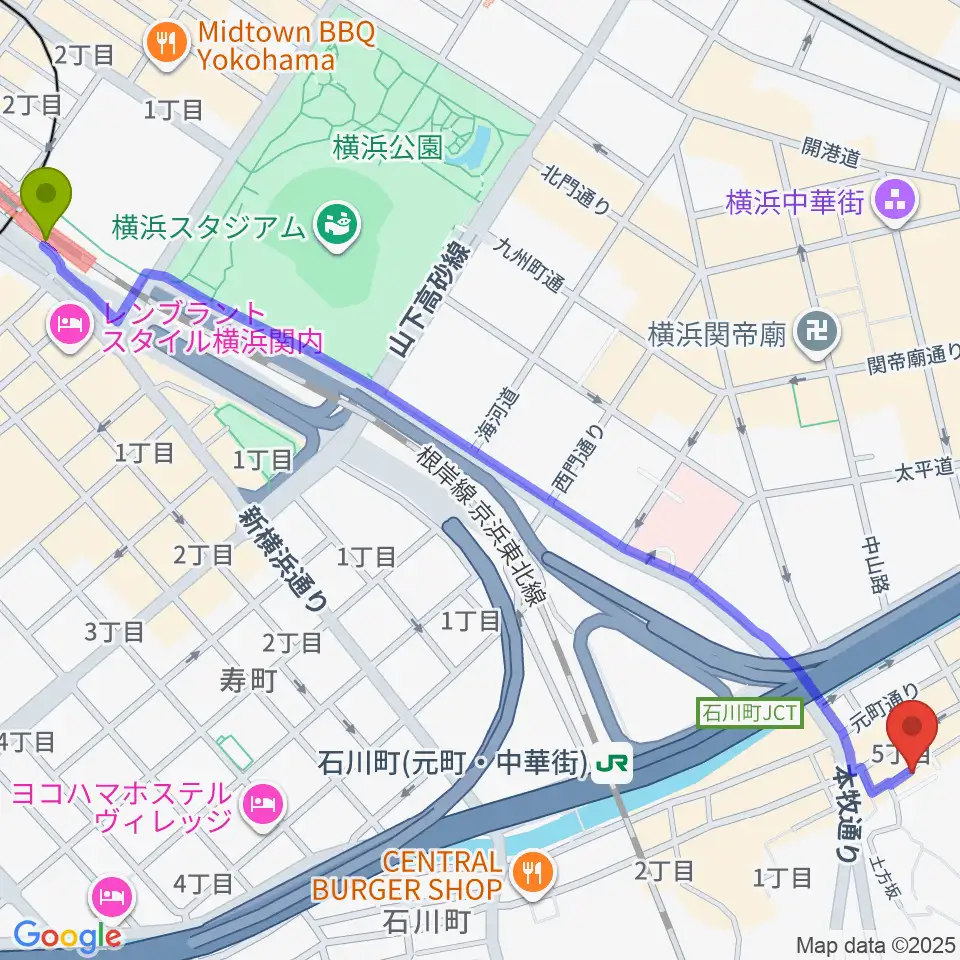 関内駅から元町弦楽器 LA CANTINAへのルートマップ地図