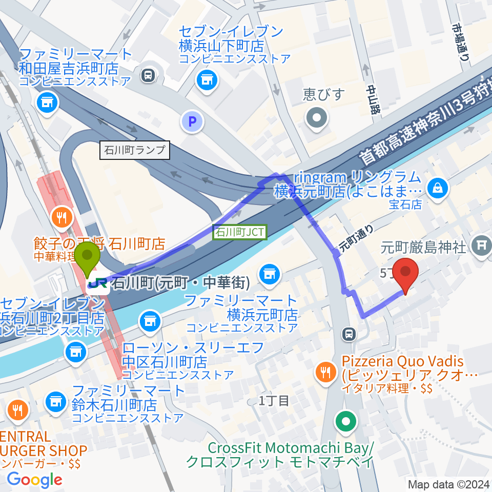 元町弦楽器 LA CANTINAの最寄駅石川町駅からの徒歩ルート（約5分）地図