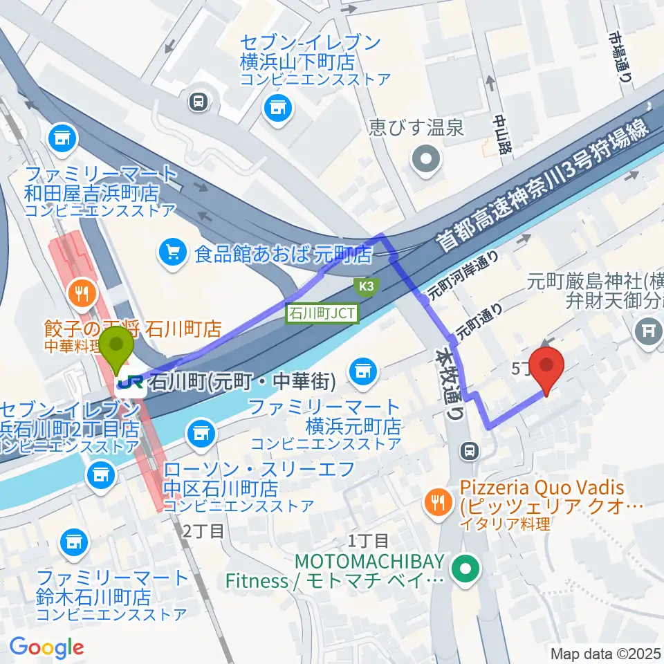 元町弦楽器 LA CANTINAの最寄駅石川町駅からの徒歩ルート（約5分）地図