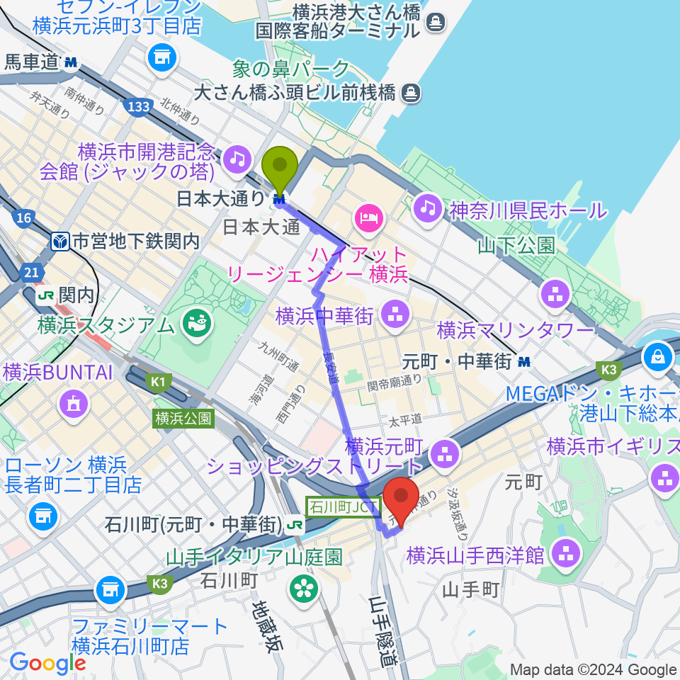 日本大通り駅から元町弦楽器 LA CANTINAへのルートマップ地図