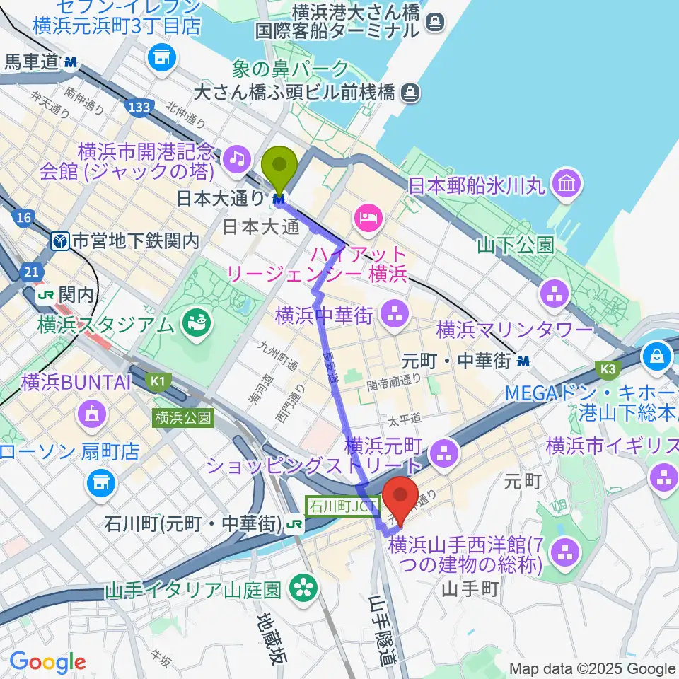 日本大通り駅から元町弦楽器 LA CANTINAへのルートマップ地図