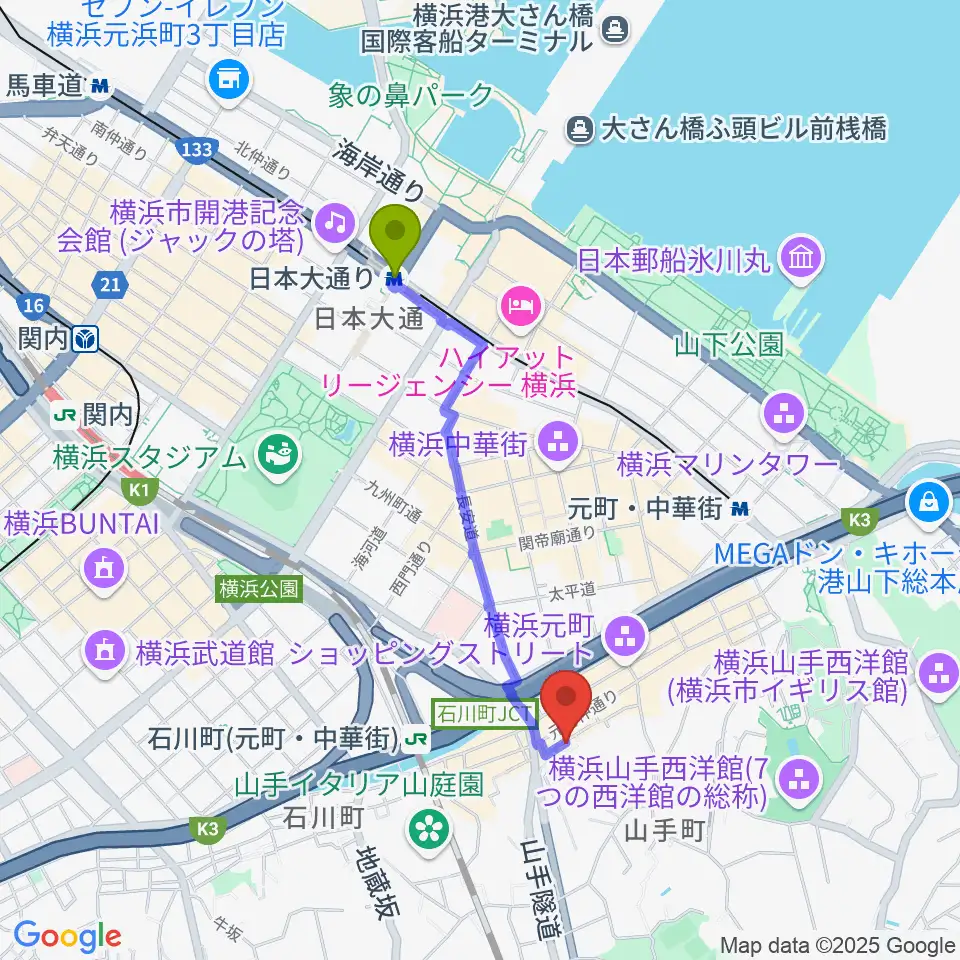 日本大通り駅から元町弦楽器 LA CANTINAへのルートマップ地図