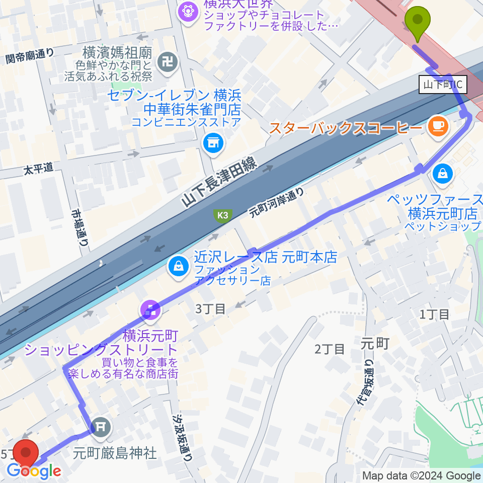 元町・中華街駅から元町弦楽器 LA CANTINAへのルートマップ地図