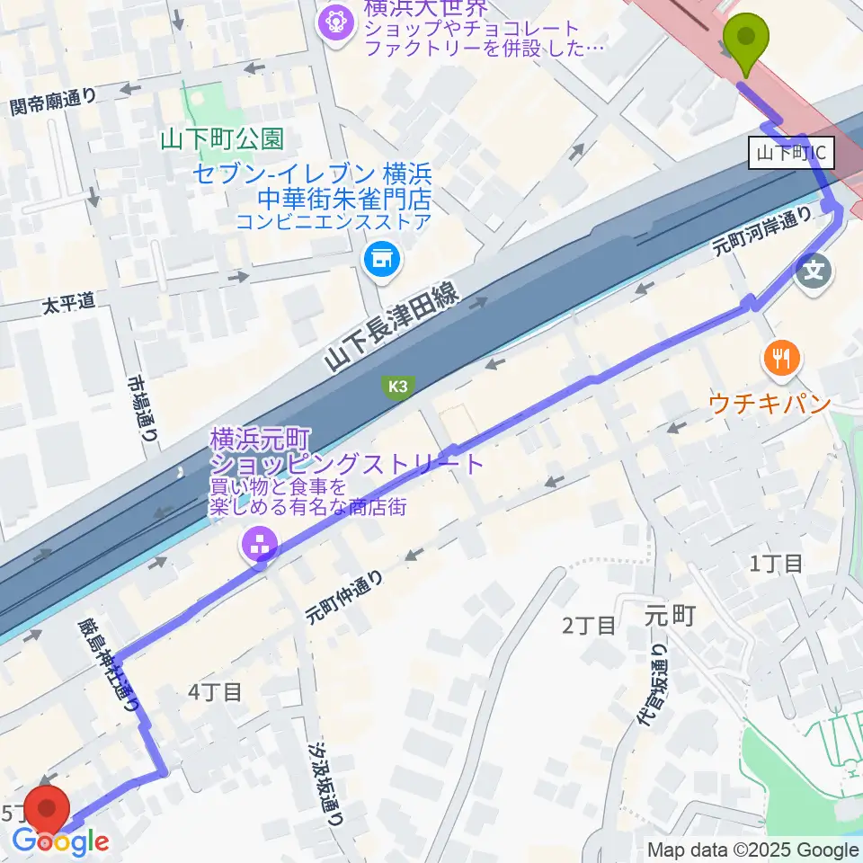 元町・中華街駅から元町弦楽器 LA CANTINAへのルートマップ地図