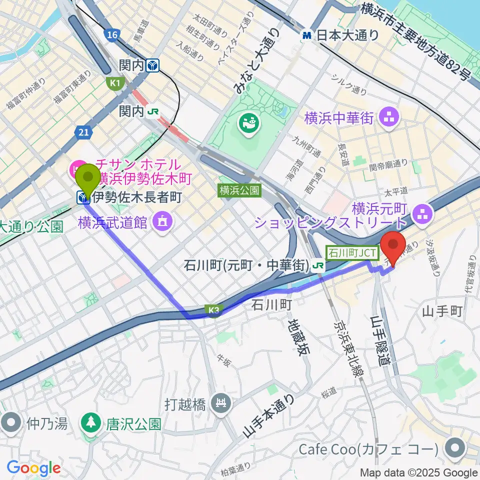 伊勢佐木長者町駅から元町弦楽器 LA CANTINAへのルートマップ地図