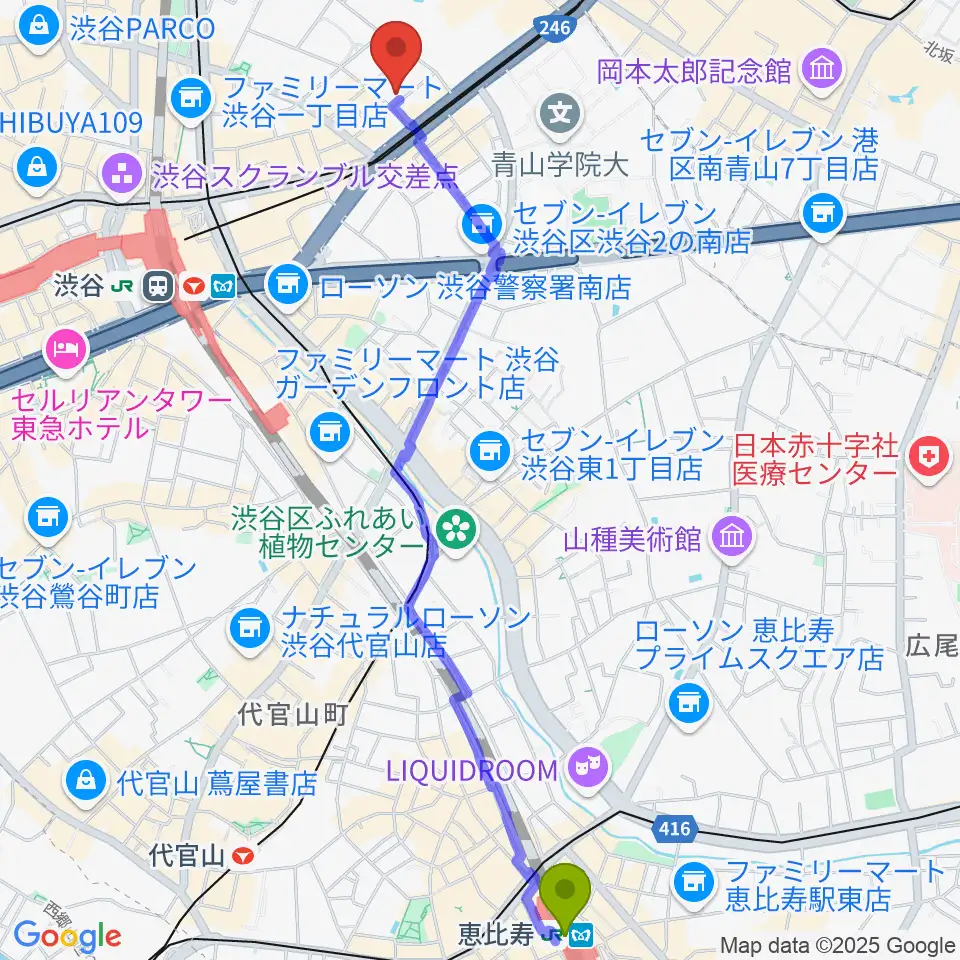 恵比寿駅からl'atelier by apcへのルートマップ地図
