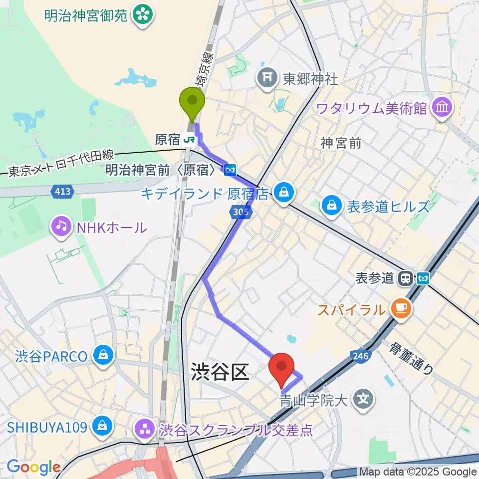 原宿駅からl'atelier by apcへのルートマップ地図